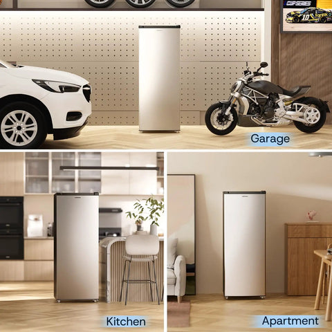 Massive Seven Point Zero Cubic Foot Upright Deep Freezer Heavy Duty Stand Up Cold Storage in kitchen and garage settings.