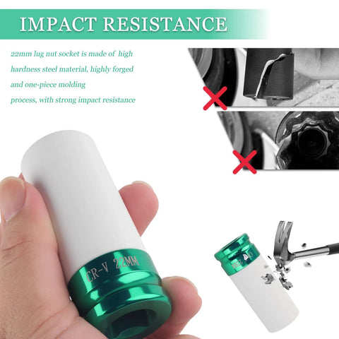 Hella Tough And Dead On 22 Millimeter Socket Half Inch Drive Heavy Duty Impact Tool with white and green protective sleeve.