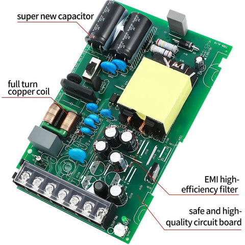 Beefy 24V 6.5A Enclosed Switching Power Supply 156W circuit board with capacitors, coils, and filters