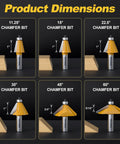 Product dimensions of Six Piece Chamfer Router Bit Set With Precision Ball Bearing And Half Inch Shank Heavy Duty Carbide Heads.