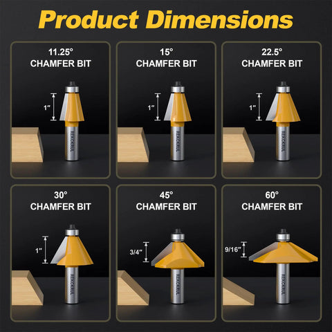 Product dimensions of Six Piece Chamfer Router Bit Set With Precision Ball Bearing And Half Inch Shank Heavy Duty Carbide Heads.