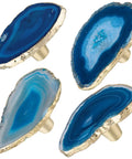 Four Piece Real Deal Agate Drawer Knobs With Gilded Brass Finish And Install Screws, each 2 inches wide, blue natural stone.