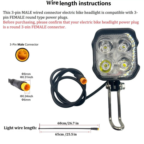 2 In 1 Headlight And Horn For Night Riding Ultra Bright 470 Lux Front Light With 75 To 100 Db Horn 3 Pin Male Connector For 36V 48V Foldable Mountain Ebikes