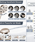 Brushed Nickel Rain Shower Head With Handheld Shower Head, 10 Inch High Pressure Combo, showing 6 settings and power wash.