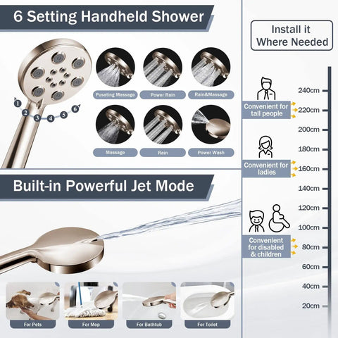 Brushed Nickel Rain Shower Head With Handheld Shower Head, 10 Inch High Pressure Combo, showing 6 settings and power wash.