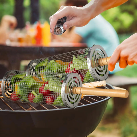 Outdoor Grill Baskets Set 2 Pack Stainless Steel Grillin Baskets With Long Wooden Handles grilling vegetables on barbecue