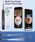 Ear Wax Removal Tool With Camera 1296P HD Otoscope showing compatibility with iOS and Android on two smartphones