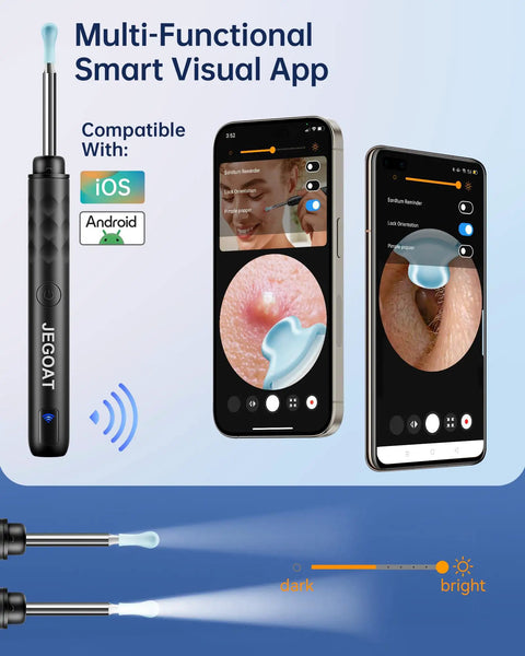 Ear Wax Removal Tool With Camera 1296P HD Otoscope showing compatibility with iOS and Android on two smartphones