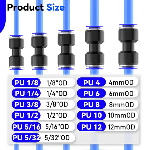 Product size chart for 30 Pack 8mm Tube OD Straight Push To Connect Pneumatic Quick Connect Fittings Set With Union And Coupler Air Line Hose Fittings For Workshop Auto Shop Use, plastic