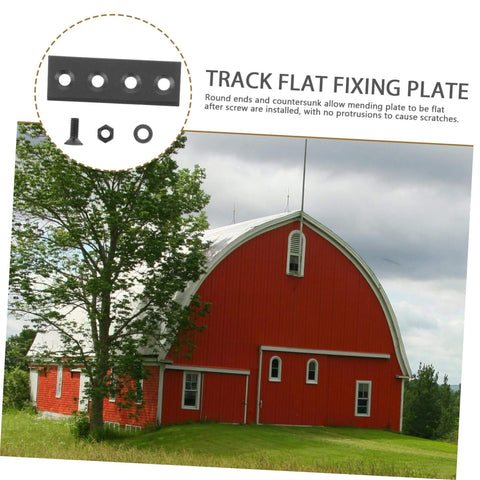 Barn Door Track Hardware Bracket Set With Metal Plate And Flat Fixing Plate shown with a red barn in background.