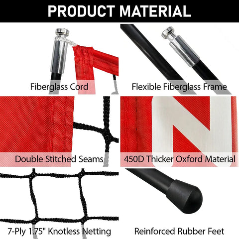 6x6 Ft Portable Baseball And Softball Practice Net With Sturdy Bow Frame, close-up of materials including fiberglass cord and netting.