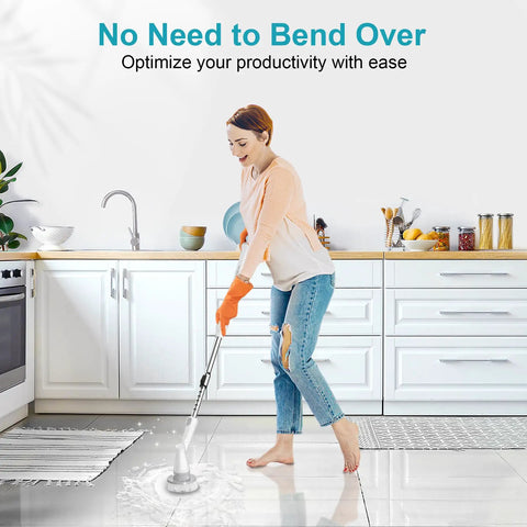 Woman using Cordless Spin Scrub Brush With 4 Replaceable Heads And Adjustable Extension Handle, 2 Speed Electric Shower Scrubber