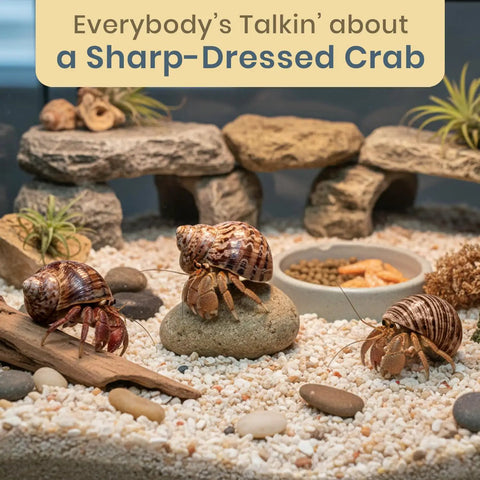 Super Cool Brown Turbo Shells For Hermit Crabs Two Pack 1.75 To 2 Inches with vibrant hermit crabs in a natural aquarium setup.