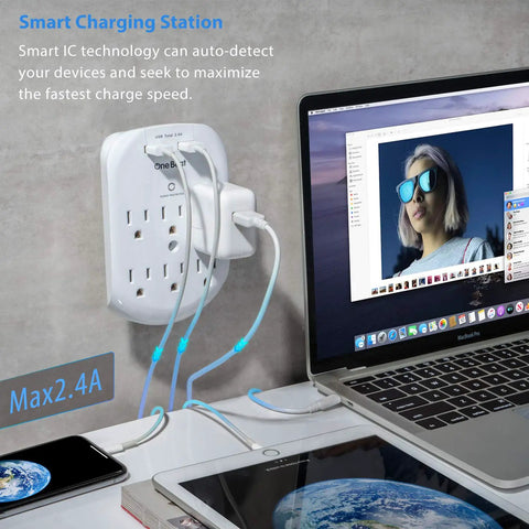 Six Outlet Surge Protector Power Strip With Two USB Ports Fast Charge 2.4A 490 Joules Surge Protection ETL Listed For Home Office School And Classroom Use