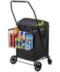 Folding Shopping Cart With Dual Baskets And Waterproof Liner carrying groceries, showcasing 100 lb load capacity.