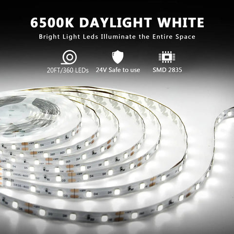 Ultra Bright 20 Foot White LED Strip Lights With 360 LEDs And 6500K Daylight White, 24V Dimmable Tape Light coiled