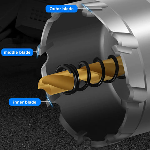 Close-up of Boss Grade 4 Piece TCT Hole Saw Kit showing tungsten carbide tips and titanium plated pilot drill bit for hard metals.