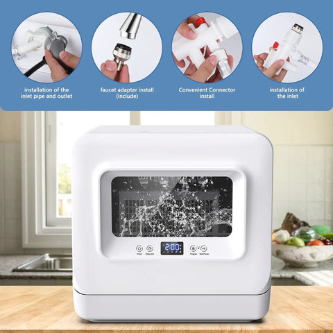 Hassle Free Countertop Dishwasher Fully Automatic Smart Drying Front Loading Compact showing installation process and setup features.