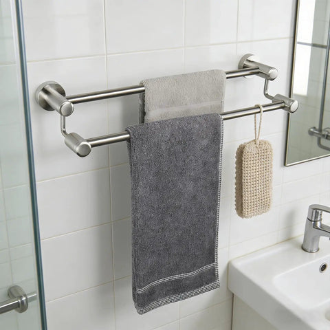 Double Bath Towel Bar 24 Inch Heavy Duty Wall Mounted Rack In SUS304 Stainless Steel Brushed Finish Two Rails In Bathroom