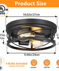 Two Pack Black Farmhouse Flush Mount Ceiling Lights With Industrial Vintage Metal Cage Design Showing Product Dimensions