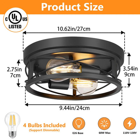 Two Pack Black Farmhouse Flush Mount Ceiling Lights With Industrial Vintage Metal Cage Design Showing Product Dimensions
