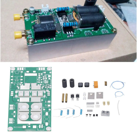 DIY SSB Linear Power Amplifier Kit 3.5-30 MHz, 13.8V with components and circuit board on display