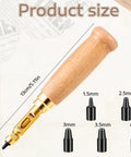 Slick Wooden Handle Bookbinding Tool With Six Interchangeable Tips Adjustable Leather Hole Punch and Brass Craft Puncher for Belts Sewing Dope DIY Crafts Badass Gear showing tool size and tips dimensions.