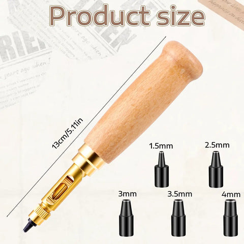 Slick Wooden Handle Bookbinding Tool With Six Interchangeable Tips Adjustable Leather Hole Punch and Brass Craft Puncher for Belts Sewing Dope DIY Crafts Badass Gear showing tool size and tips dimensions.