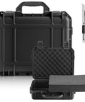 Black 14.3 x 11.4 x 4.5 inch waterproof hard case with DIY customizable foam insert and included knife for camera gear, drones, tools.