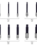 Long Triple Square Bit Set For Automotive Repairs, 10 Piece Spline Socket Set With Magnetic Retention, M4 to M18, front view.