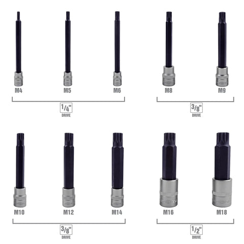 Long Triple Square Bit Set For Automotive Repairs, 10 Piece Spline Socket Set With Magnetic Retention, M4 to M18, front view.