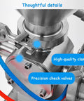 Heavy Duty Pneumatic Filling Machine With Heating Mixer And Single Nozzle Stainless Steel Paste Liquid Bottle Filler Hopper close up of high-quality clamps and check valves.