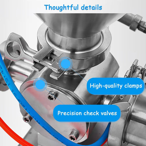 Heavy Duty Pneumatic Filling Machine With Heating Mixer And Single Nozzle Stainless Steel Paste Liquid Bottle Filler Hopper close up of high-quality clamps and check valves.