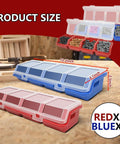 Four Piece Screw And Nail Organizer Set With Lids, showing stackable plastic divided storage bins for garage or workshop tool use.