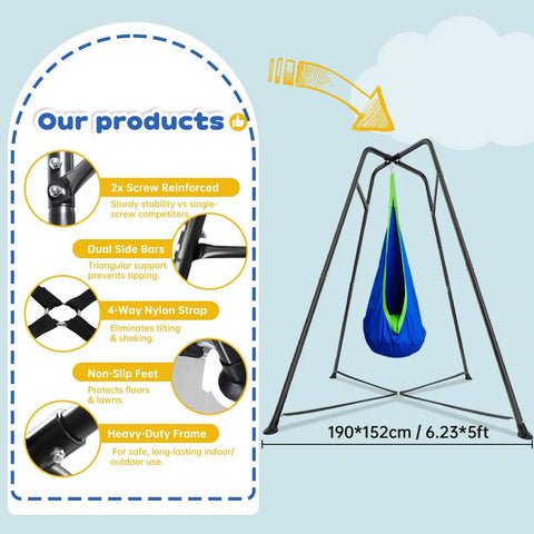 Diagram highlighting features of All In One Sensory Swing With Stand And Pod Swing For Indoor And Outdoor Use, with dimensions.
