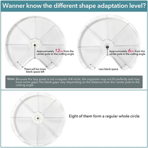 Diagram showing Lazy Susan Organizer Set Of Four Clear Plastic Kitchen Cabinet Storage Bins with varying wedge sizes.