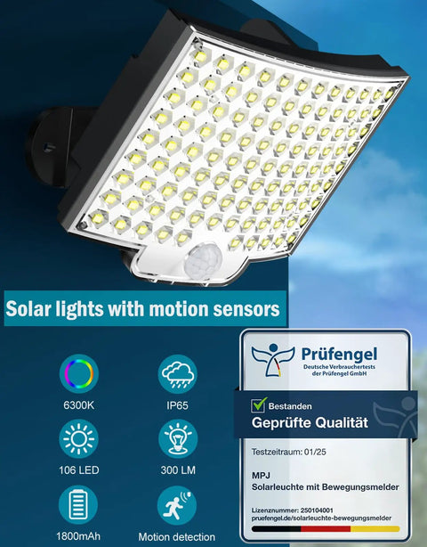 Split Solar Panel Outdoor Light Kit With 106 LED Motion Sensor IP65 Waterproof garden wall light showcasing 106 LEDs and motion sensor.