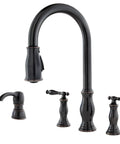 Hanover Kitchen Sink Faucet With Pull Down Sprayer And Soap Dispenser, Two-Handle High Arc Design, Tuscan Bronze Finish