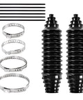 Rack And Pinion Boot Kit With Silicone Inner Tie Rod Boots, Bellows And Clamps, shown in black with silver clamps and ties.