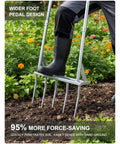 Gardener using 56 Inch 5-Tine Heavy Duty Broadfork With Rust-Resistant Steel Widened Foot Pedal in garden soil.
