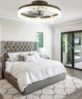 Bedroom with Slick Low Profile Ceiling Fan With Lights And Remote, 3 Color Lighting Modes, enclosed metal shell, coffee gold finish