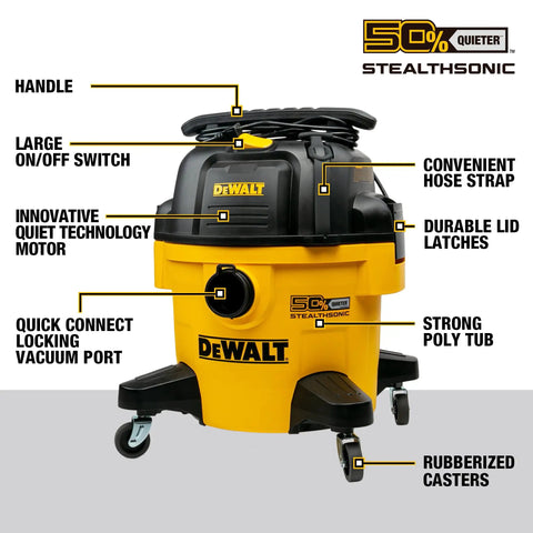 Ultra Quiet 6 Gallon Wet Dry Shop Vacuum With Stealthsonic Noise Reduction, 5 Peak HP Boss Level Suction, Lightweight Poly Can