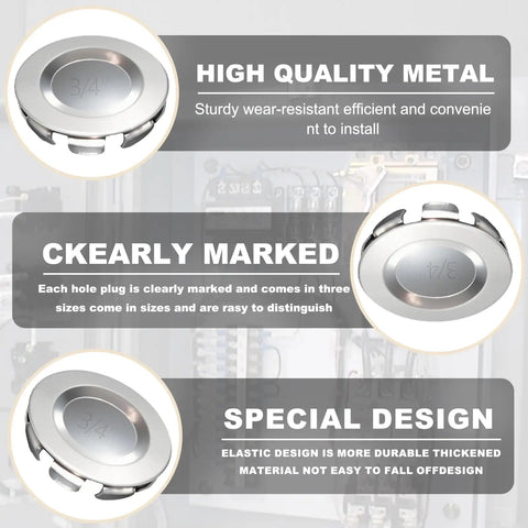 Twelve Pack Built Tough Stainless Steel Knockout Plugs For Electrical Boxes With Sweat Free Removable Waterproof Seals Fits 3/4 Inch Conduit And Multi Sizes For Fast Junction Panel Work And Dust Tight Outlet Coverage showing clear design and marking on metal plug.