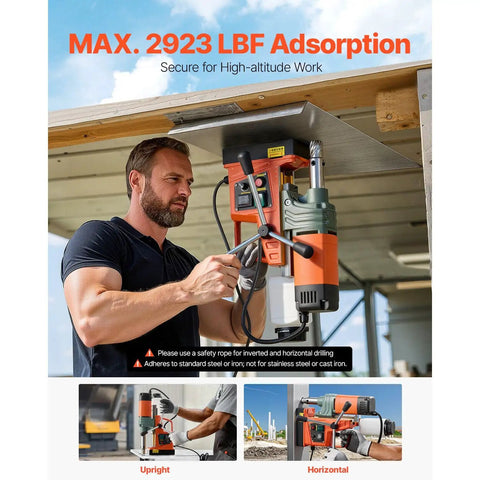 Man operating Ironclad Magnetic Core Drill With A Rock Solid 2922 Pound Holding Base And Smooth Variable Speed Control For Effortless Two Inch Holes In Thick Steel Plates Comes Packed With Six Premium Hss Bits on steel surface.