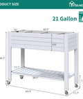 Elevated Garden Bed Kit With Legs And Wheels Large Resin Planter Box Stand With Drain Plug And Storage Shelf Perfect For Plants Vegetables Fruits Outdoor Durable Grayish White shown from side view with 21-gallon capacity.