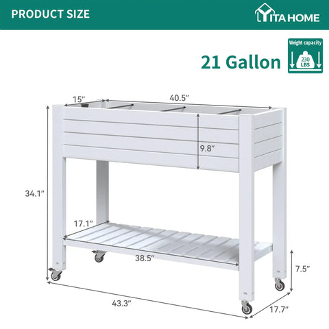 Elevated Garden Bed Kit With Legs And Wheels Large Resin Planter Box Stand With Drain Plug And Storage Shelf Perfect For Plants Vegetables Fruits Outdoor Durable Grayish White shown from side view with 21-gallon capacity.