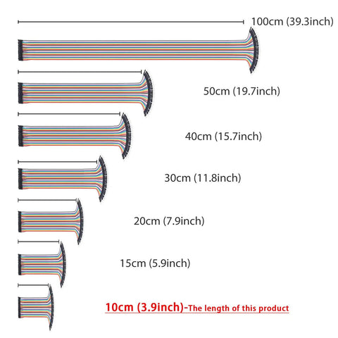Diagram showing various lengths of multicolor jumper wires. Highlighted: 10 cm length from Jumper Wire Kit 120 Piece Set for Arduino.