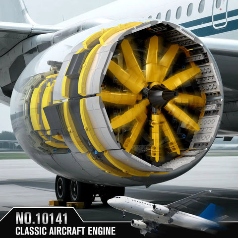 Dope Working Aircraft Engine Model Kit With Motorized Turbofan For Display, 2256 Pieces DIY STEM Project For Teens And Adults, Realistic Rotating Fan Blades And Compressor Stages, Battery Box Included, front view on aircraft display