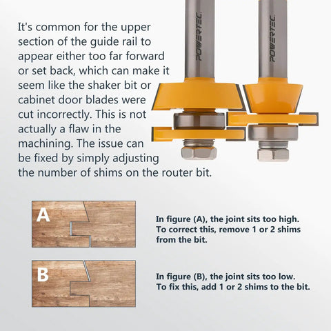Killer Cut Shaker Cabinet Door Rail And Stile Router Bit Set Two Piece Kit showing adjustment instructions and router bit details.