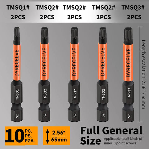 Premium 10 Pack 8 Point Torx Star And Double Square Bit Set with magnetic heads and hex shank, includes sizes 1, 2, 3
